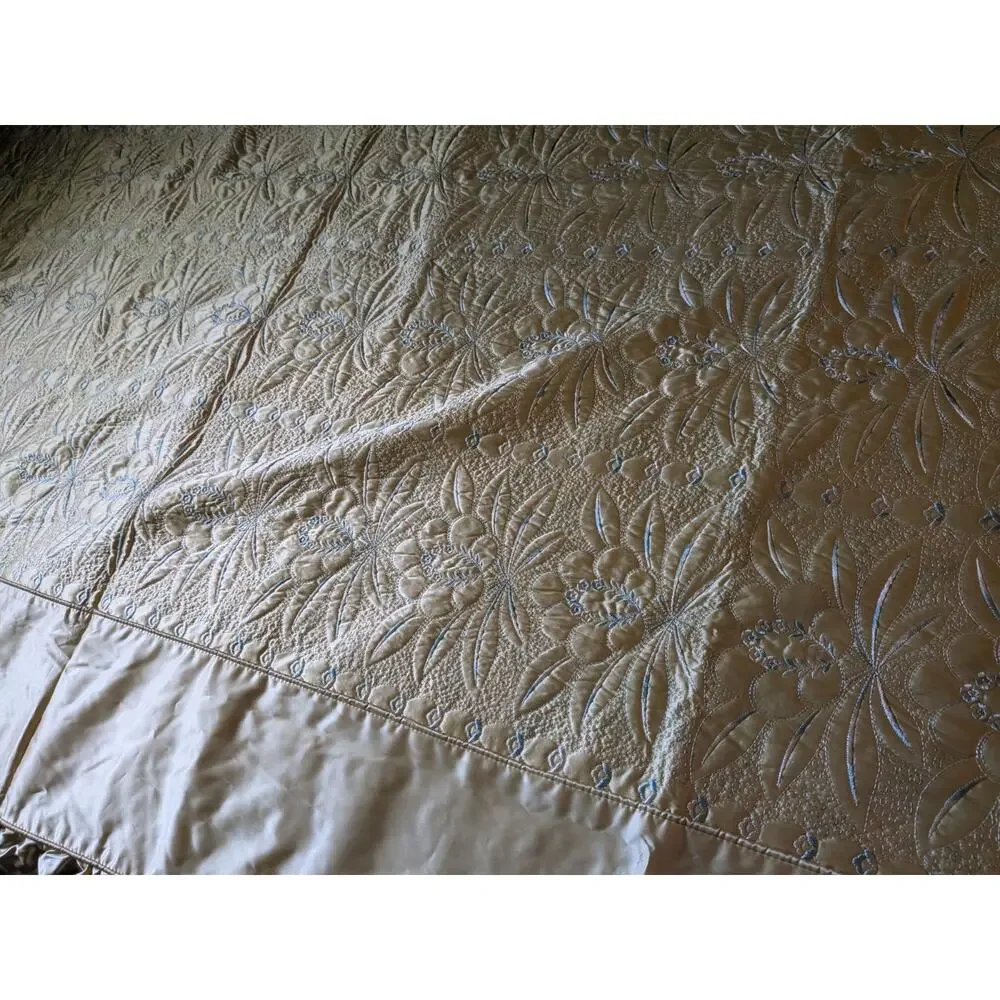 Hollywood Regency1900 Appraisal Satin GoldEmbroidered Bedspread Blue Stitch